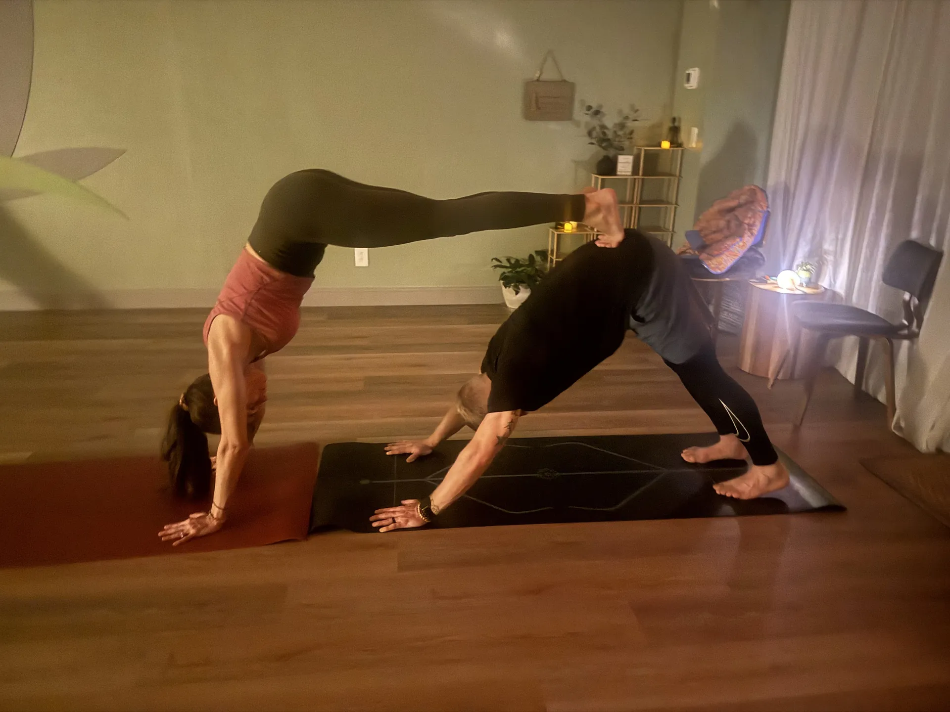 Two students in wheel and downward dog in the studio.